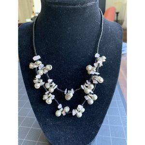 Silver tone Pellets Clear Rocks And Black Beaded Necklace With Very Old Clasp